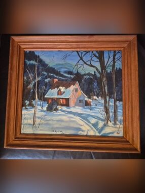 Winter Cottage Landscape Wall Art - Blue & White Oil Painting